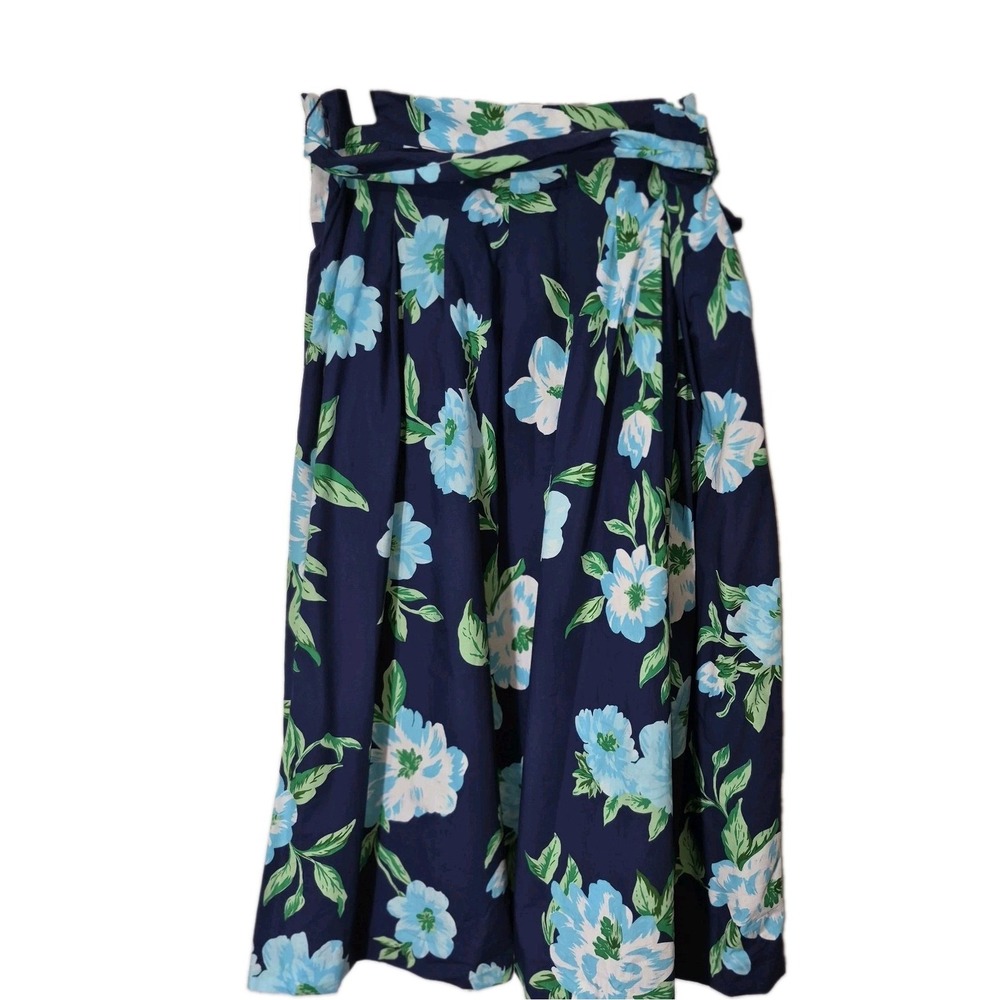 Talbots Piper Pleated Floral Midi Skirt Navy Classic  Cottagecore Size 14